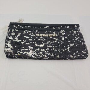 Victoria Secret Signature Black Sequin Evening Bag Zipper Close Satin Lining